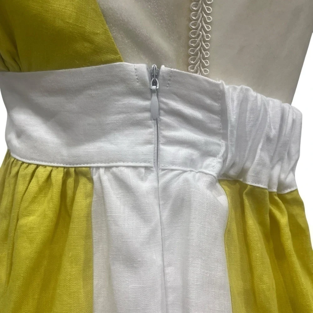 Fanm Mon Yamile 100% Linen Floral Embroidered Halter Midi Dress Mustard Lime NWT